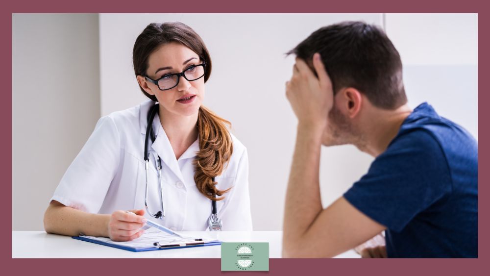 Eczema in men - man sits with doctor, holding a hand to his head, looking embarrassed or apologetic.